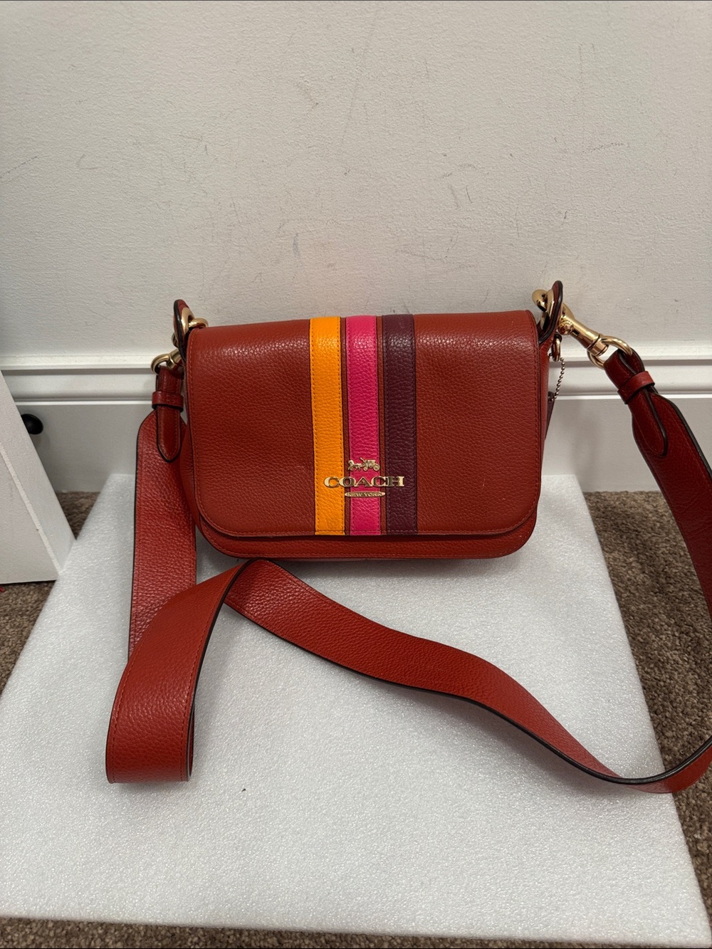 Coach small jes messenger crossbody bag purse with varsity stripe hangtag